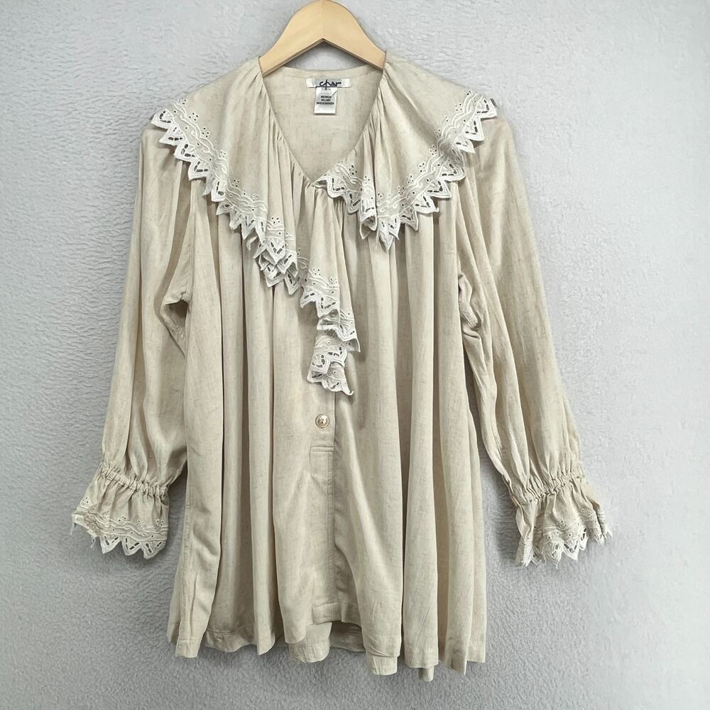 CHAR Top S Poet Tunic Blouse Ruffle Collar Eyelet 3/4 Sleeve Linen Blend Beige
